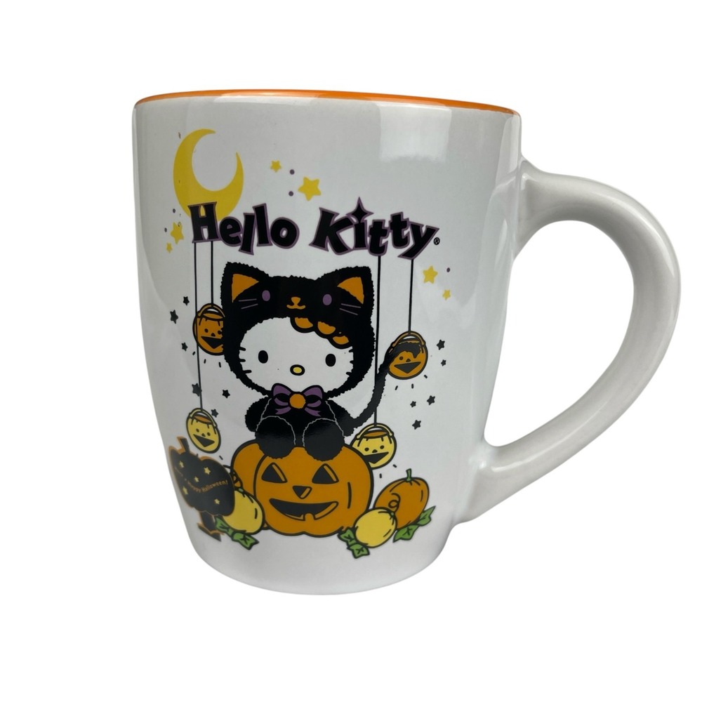 Hello Kitty Sanrio Halloween Black Cat Costume Pumpkin Mug 25 oz White Orange
